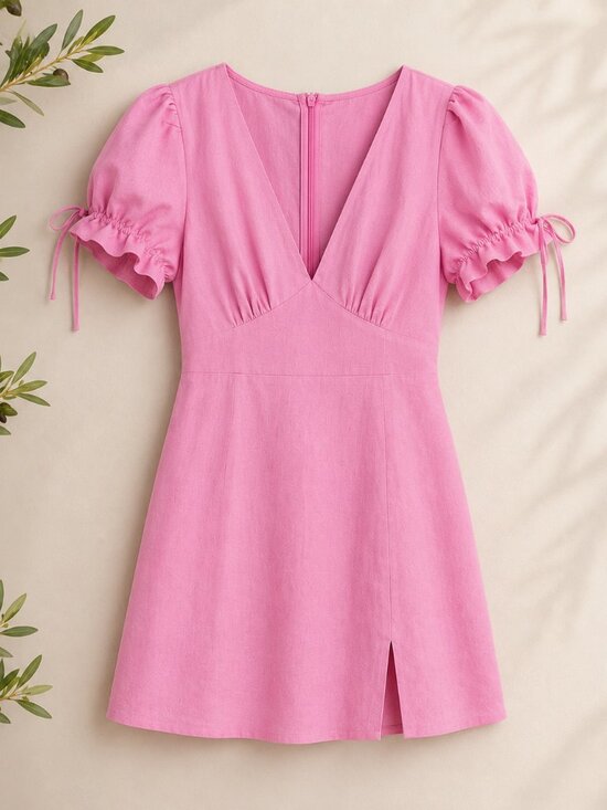 Hello Molly Dresses & Skirts - Hello Molly Pink Linen Blend Puff Sleeve Mini Dress Cottagecore Slit M
